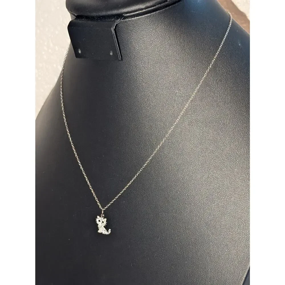 925 Sterling Silver Crystal Cat Pendant 18" Chain Necklace - Picture 2 of 6